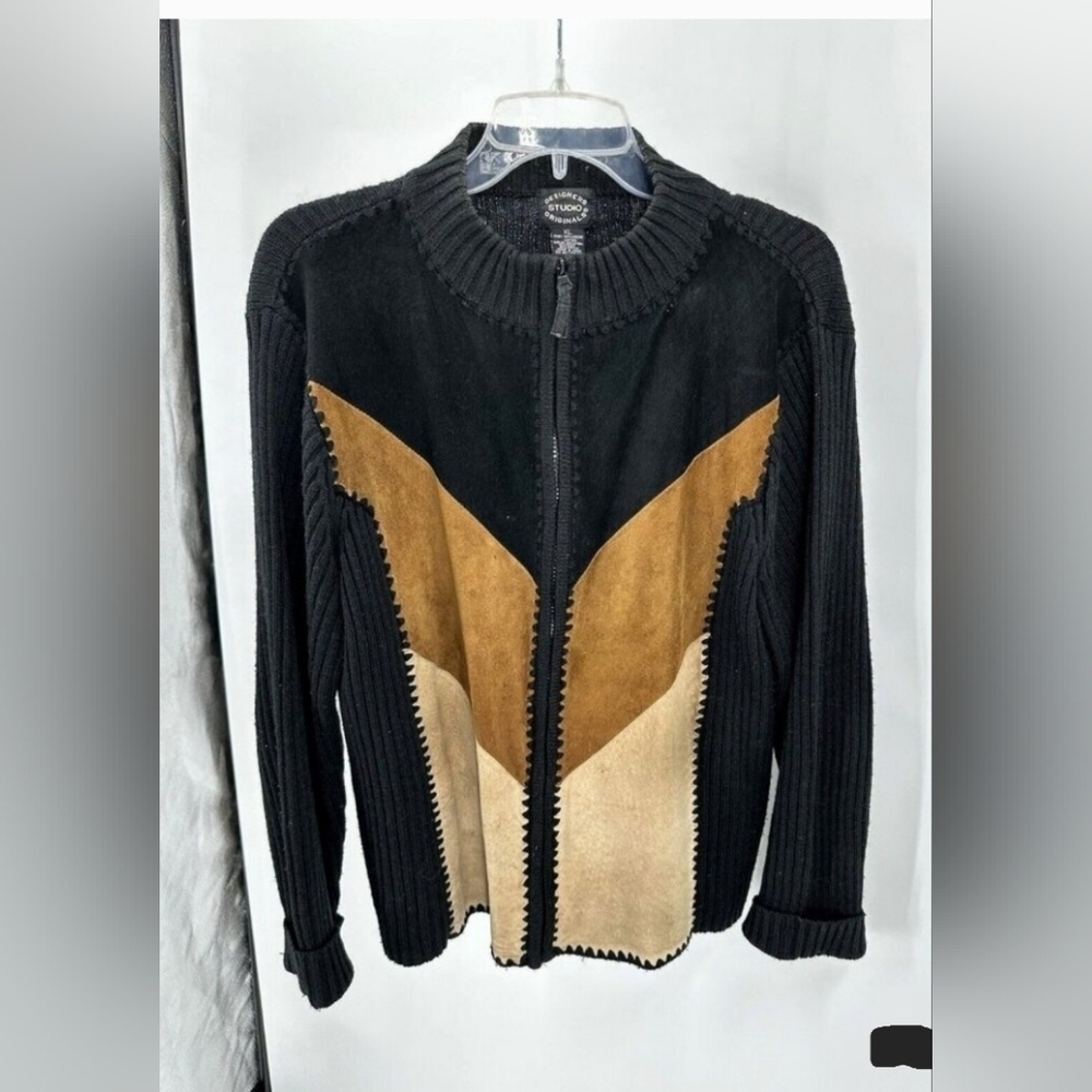 Vintage 80s Suede Cardigan Sweater Zippered Knit Mock Neck Colorblock Size L